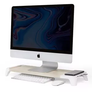 POUT EYES 8 3-in-1 wooden monitor stand hub with fast wireless charging pad white)