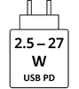 Nepieciešamā lādētāja jauda: 2.5–27 W, USB PD