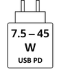 Nepieciešamā lādētāja jauda: 7.5–45 W, USB PD