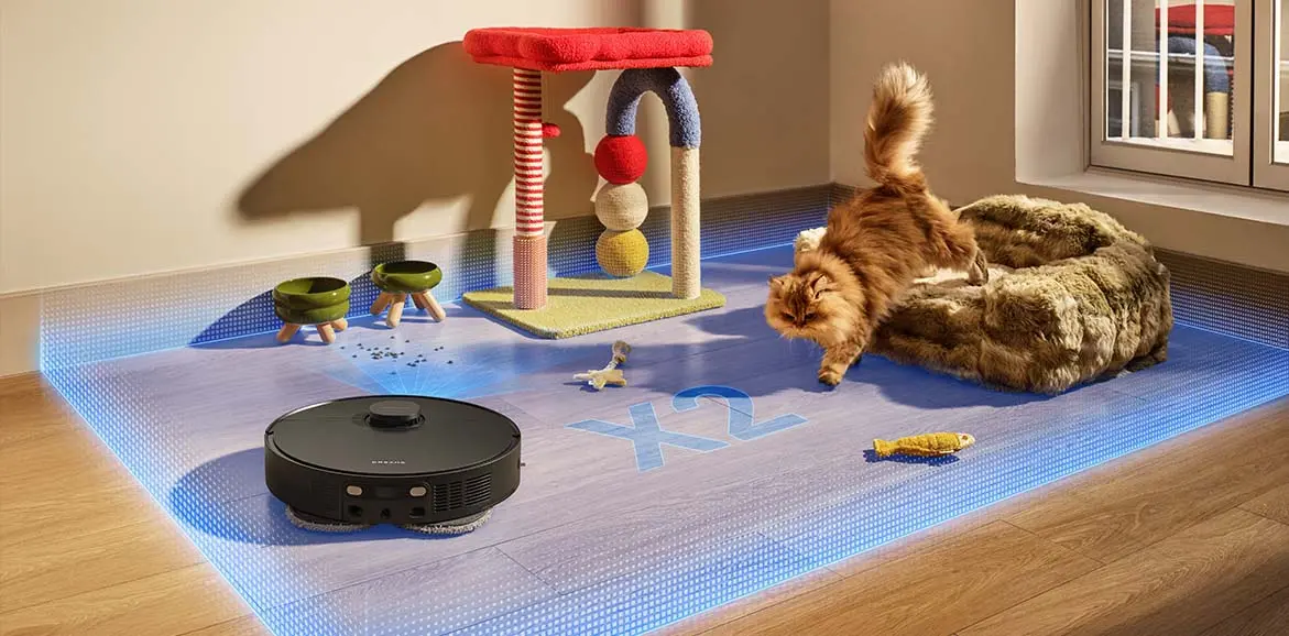 Robot vacuum avoiding obstacles in a room with a cat, toys, and a scratching post