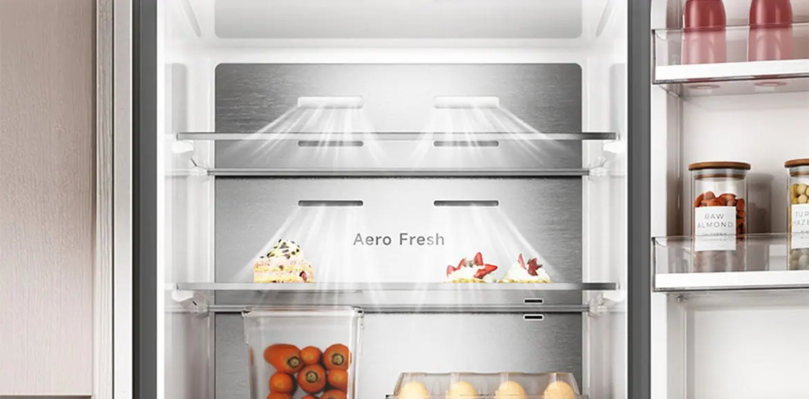 Interior of the refrigerator with the Aero Fresh sign and cold air circulation system