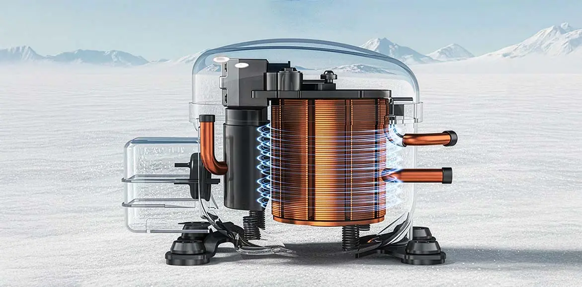 Technical cross-section of the refrigeration compressor with visible components and coils