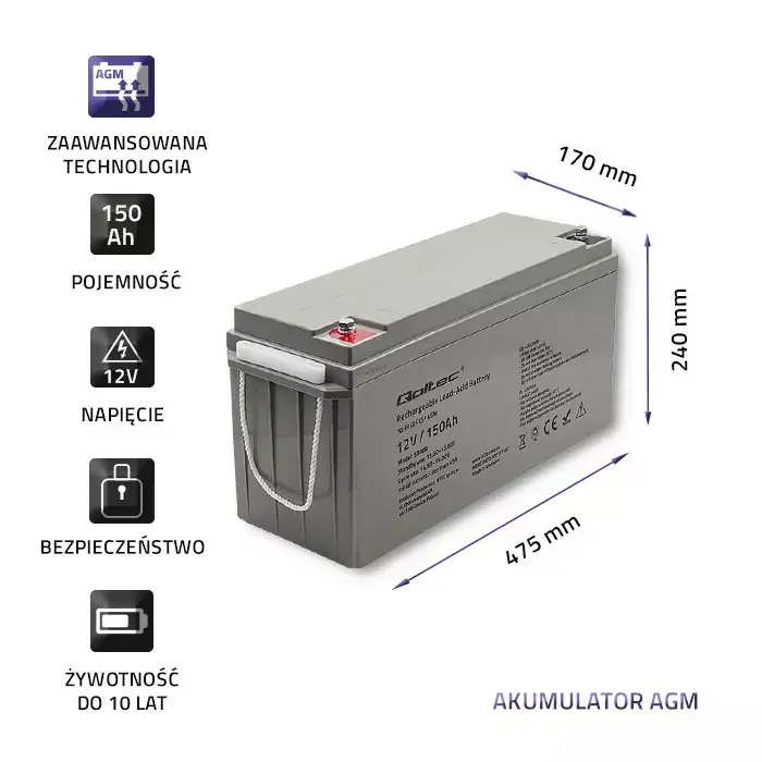 AGM battery QOLTEC 53068 12V 150Ah Photo 3