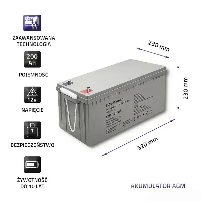 AGM akumulators QOLTEC 53069 12V 200Ah Photo 3