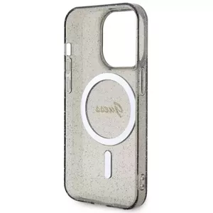 Жесткий чехол GUESS для iPhone 14 Pro Max 6.7" черный с блёстками и золотом MagSafe