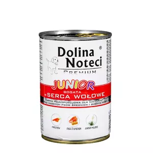 Wet dog food dolina noteci Premium Junior — 400 g can, beef hearts, 11% protein, 7% fat, preservative- and gluten-free