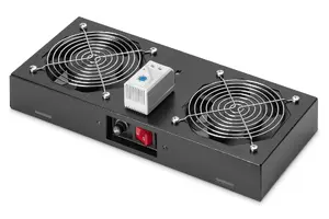 Digitus Roof-mounted fan unit for 483 mm (19") wall-mounted housing with 2 fans, 276 m³/h airflow, AC powered, and black stainless steel housing