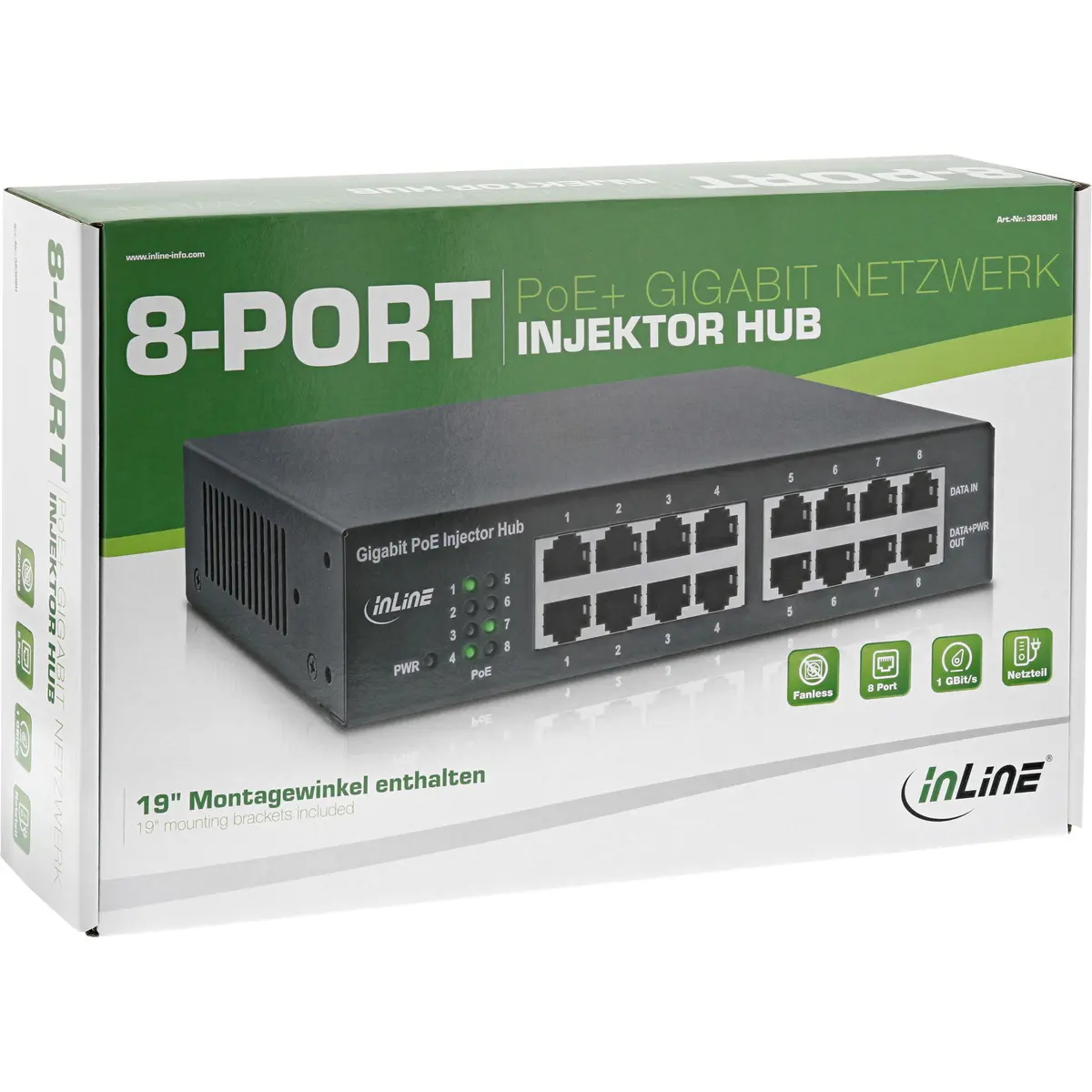 InLine 32308H 8 portu PoE+ gigabitu tīkla inžektora centrmezgls Photo 5