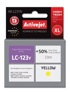 Compatible Ink Cartridge ActiveJet AB-123YN Yellow, High (XL) Yield, 10 ml, Dye-based, for Brother LC123Y/LC121Y
