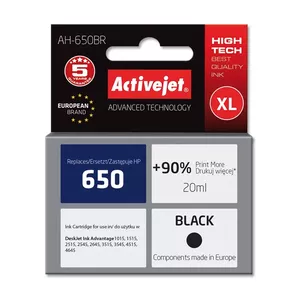 Ink cartridge ActiveJet AH-650BR compatible for HP 650, Black pigment ink, XL 20 ml, ~690 pages
