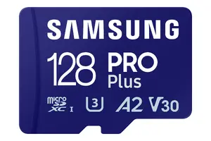 Samsung PRO Plus MicroSDXC memory card 128 GB UHS-I Class 10 with 180 MB/s read speed and 130 MB/s write speed