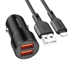 Borofone Auto lādētājs BZ19 Wisdom - 2xUSB - 12W ar USB-Lightning kabeli melns