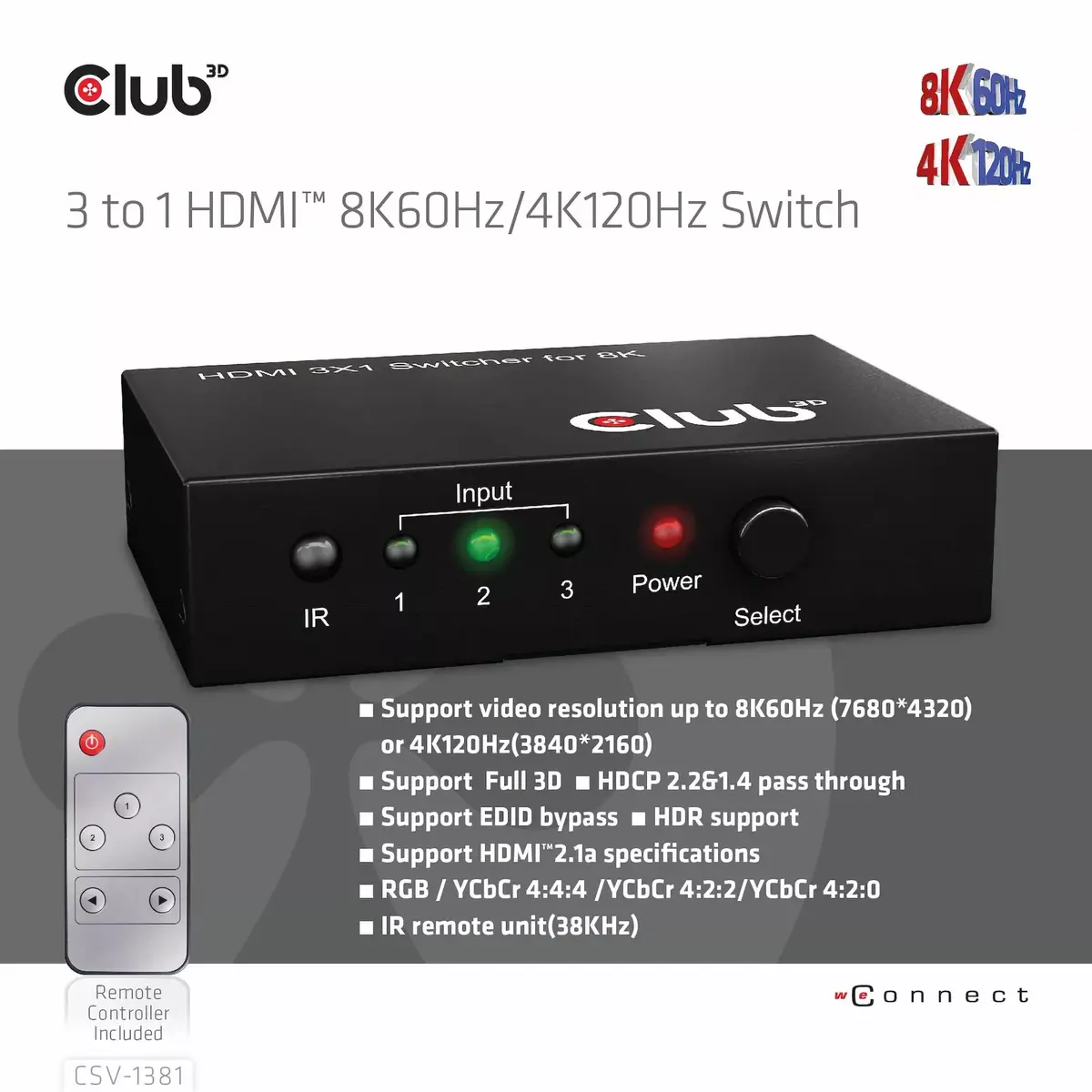 CLUB3D 3 uz 1 HDMI™ 8K60Hz/4K120Hz slēdzis Photo 8