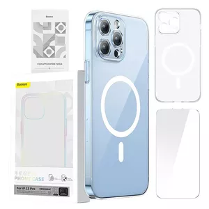 Vāciņš Baseus Magnetic Crystal Clear priekš iPhone 13 Pro ar rūdīta stikla ekrāna aizsargu, caurspīdīgs