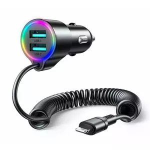 Auto lādētājs Joyroom 3‑in‑1 ar Lightning kabeli 1,5 m, 17W, melns