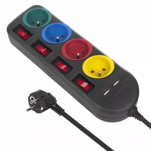 Strāvas sadalītājs MACLEAN MCE229B — 4 AC kontaktligzdas, 2× USB-A, kabelis 1.5 m, 10 A, Type F, iekštelpām, melns
