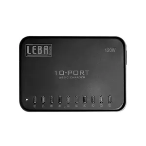 Lādētājs LEBA NoteCharge 10 porti USB-C, 12 W uz portu, 5 V izeja, 220–240 V ieeja, Schuko kontaktdakša, 1.5 m kabelis, melns