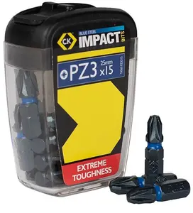 Screwdriver Bit Set c.k tools T4560 PZ3D15 — 15-piece Pozidriv bits (PZ3, durable blue steel)
