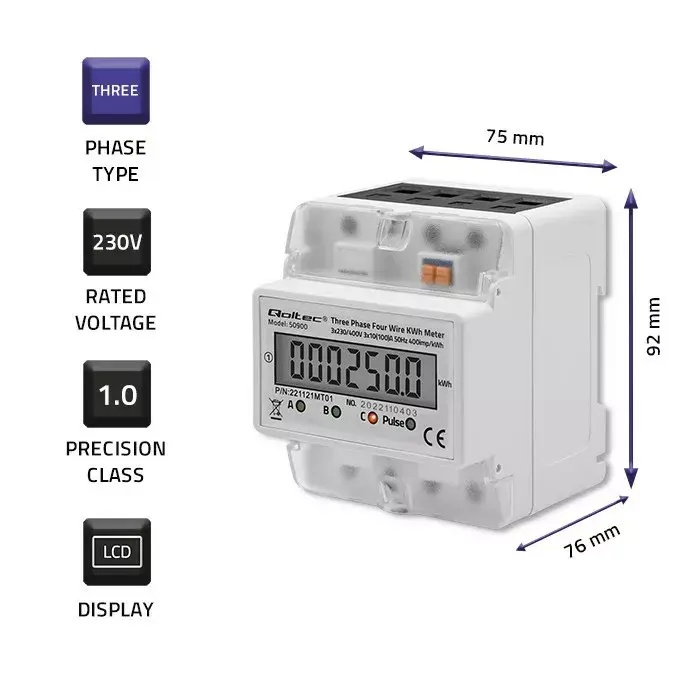 Trīsfāzu elektroniskais skaitītājs QOLTEC 50900 400V Photo 3