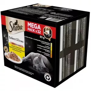 SHEBA paplātes mērce mājputnu/vistas/turcijas - mitrā kaķu barība - 32x85 g