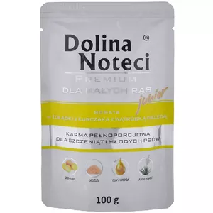 DOLINA NOTECI Premium Junior bagātīgs vistas cūkgaļas krējums ar teļa aknām - mitrā barība kucēniem - 100 g