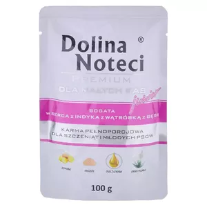 DOLINA NOTECI Premium Junior bagātināts ar tītara sirsniņām un zosu aknām - mitrā barība kucēniem - 100 g