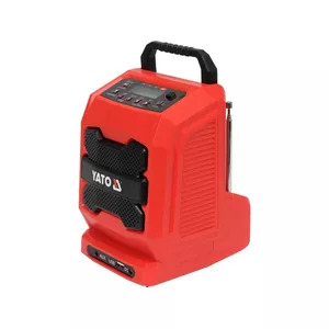 Portable Radio YATO YT-82940 — Digital AM/FM tuner, 3 W RMS, LCD blue backlight, Li-Ion (18 V), AAA compatible, 0.68 kg, black/red