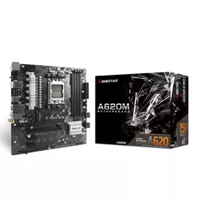 Материнская плата BIOSTAR A620MP-E PRO — чипсет AMD A620, microATX, Socket AM5, DDR5, 4 DIMM, до 128 ГБ, 2.5Gb LAN