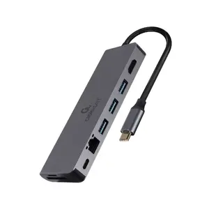 USB-хаб GEMBIRD A-CM-COMBO5-05 — USB 3.2 Gen 1 Type-C, 3× USB-A, HDMI, RJ-45, SD/microSD, PD 100 Вт