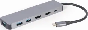 Gembird USB Type-C хаб A-CM-COMBO3-03 — 3x USB 3.2 Gen 1, 2x HDMI, USB PD 100 Вт, 5 Гбит/с, 4K@30 Гц, металлический корпус