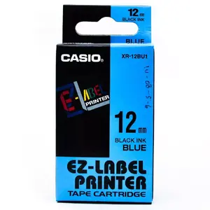 Label tape CASIO XR-12BU1 — black on blue, 12 mm × 8 m