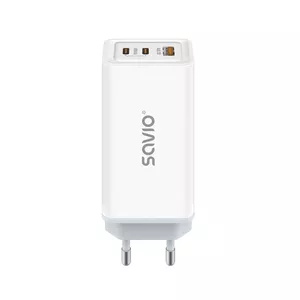 SAVIO Charger LA-07 GaN 65W White — 1× USB-C, 100–240V input, 5–20V output, up to 3A per profile