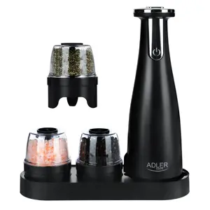 Salt & pepper grinder set Adler AD 4449B — stainless steel/black, 150 ml capacity, lithium battery, 80×80×263 mm