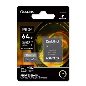 Карта памяти PLATINET MicroSDXC 64 ГБ UHS-III (чтение 90 МБ/с, запись 30 МБ/с) — черная