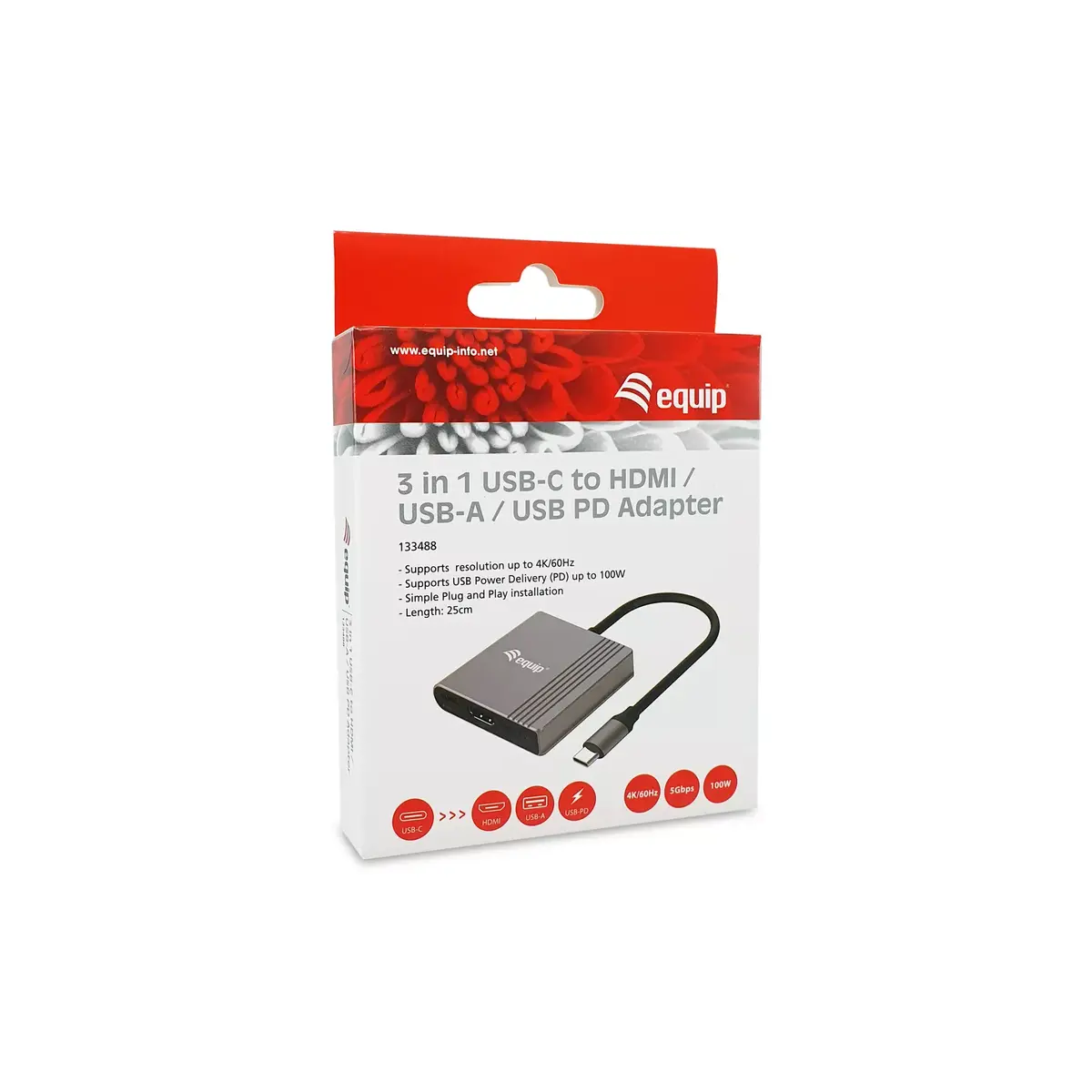 Адаптер Equip 3 в 1 USB-C на HDMI USB-A USB PD Photo 6