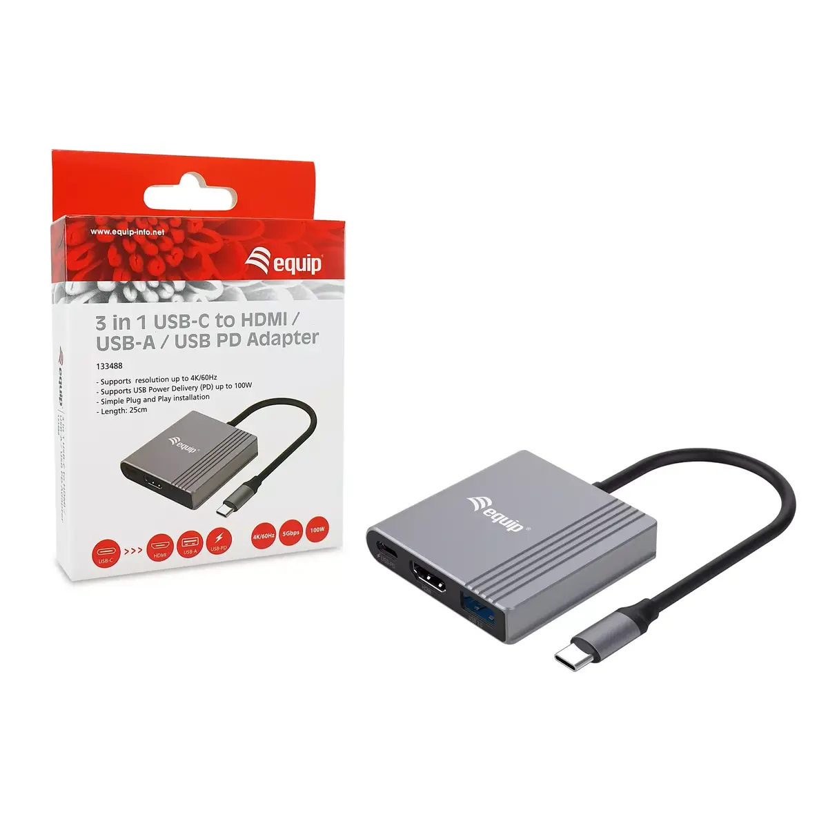 Адаптер Equip 3 в 1 USB-C на HDMI USB-A USB PD Photo 7