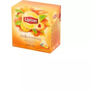 Lipton melnā tēja Peach Mango piramīdas maisiņos, 20 maisiņi, augļu aromāts
