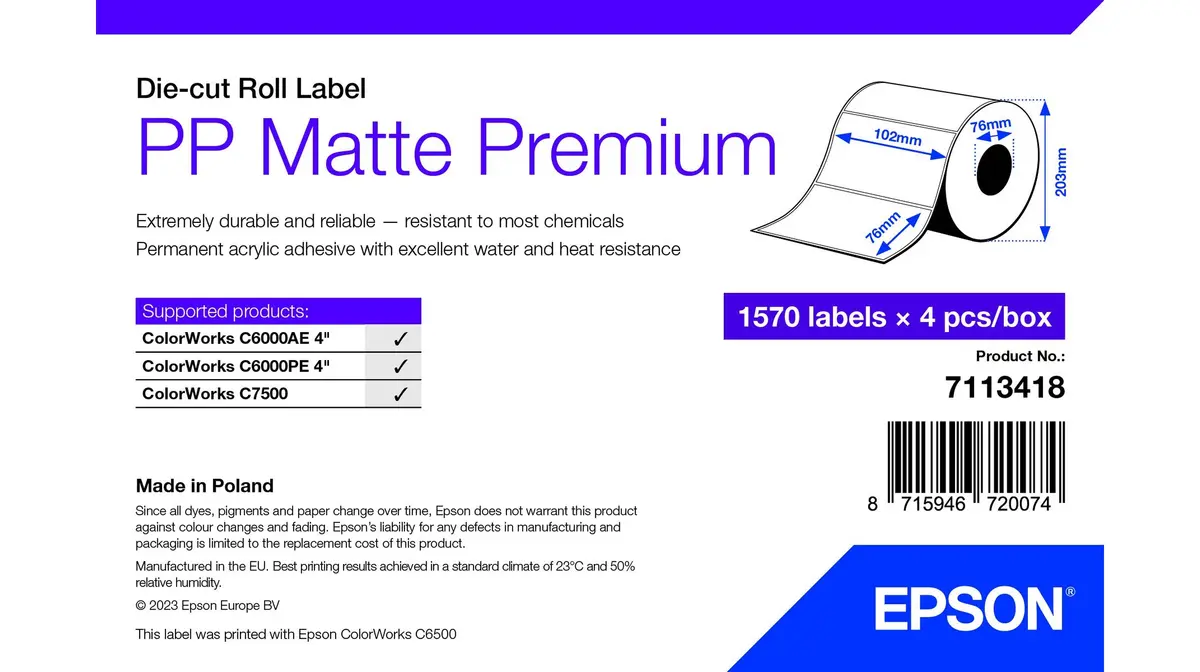 Pašlīmējoša printera etiķete Epson 7113418 Balta