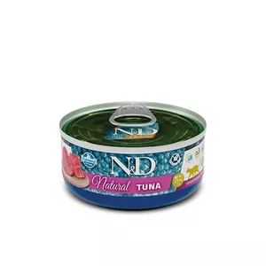 Mitra kaķu barība Farmina N&D Natural Tuna 140 g — bez graudiem, bez vistas, 16% olbaltumvielu, 80% mitrums