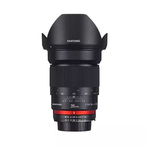 Plataus leņķa objektīvs Samyang 35mm F1.4 AS UMC priekš Samsung NX — 12 elementi/10 grupas, melns, garums 130 mm