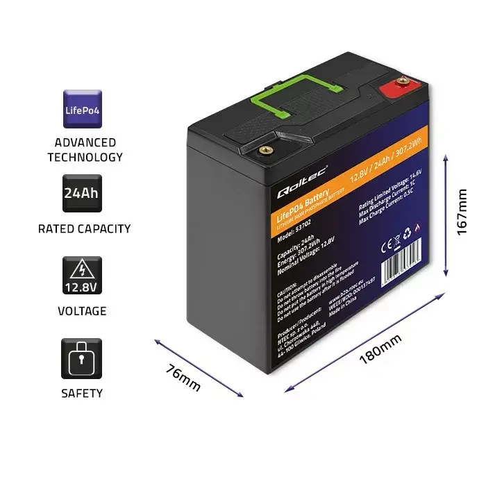 LiFePO4 battery QOLTEC 53702 12.8V 24Ah Photo 3