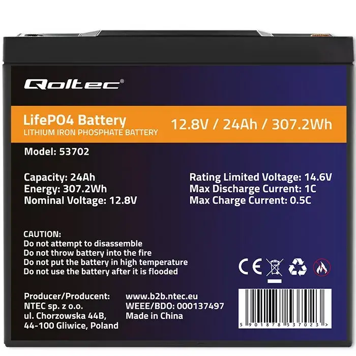 LiFePO4 battery QOLTEC 53702 12.8V 24Ah Photo 5
