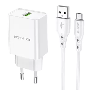 Borofone BN5 tālruņa lādētājs | USB | Quck Charge 3.0 | 18W | + Micro USB kabelis, balts