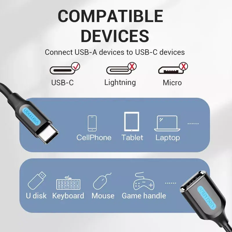 Vention USB 2.0 Type-C to USB-A OTG Cable 0.15m Photo 3