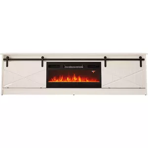 ТВ-тумба с электрическим камином Cama Meble GRANERO RTV GRANERO + KOM B/B, 200x56,7x35 см, белая/глянцевая, 2 двери, 2 полки, МДФ/ДСП