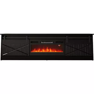 Тумба под TV с камином Cama Meble GRANERO — 200 x 56,7 x 35 см, чёрная/чёрный глянец, 2 дверцы, 2 полки, раздвижные, MDF/ДСП