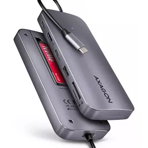 USB centrmezgls Axagon HMC-6GM2 10Gbps USB-A USB-C HDMI M.2 SD/mSD PD 100W Pelēks