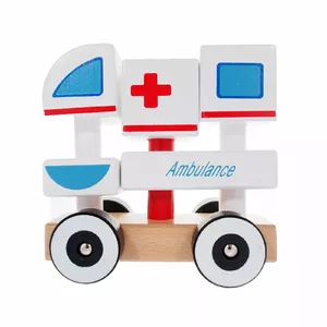 Wooden toy ambulance IBOX W05C012 — wooden vehicle playset, painted, pull-along