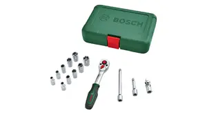 Bosch 1 600 A02 BY0 10-piece ratchet head set in black, green, and stainless steel