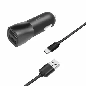 Fiksētais auto lādētājs ar dubulto USB kabeli, melns, 15 W